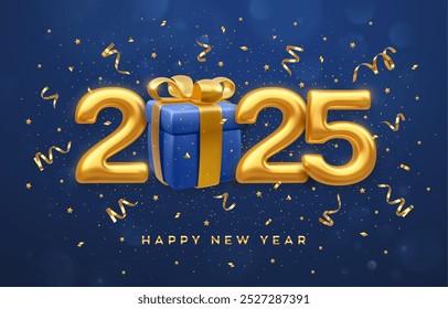 Happy New 2025 Year. Golden metallic luxury numbers 2025 with blue gift box with golden bow on blue background. Merry Christmas and Happy New Year 2025 greeting card. Vector illustration.