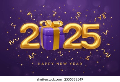 Happy New 2025 Year. Golden metallic luxury numbers 2025 with blue gift box with golden bow on purple background. Merry Christmas and Happy New Year 2025 greeting card. Vector illustration.