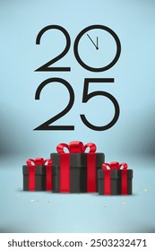 Happy new 2025 year greeting card. Composition with digits and gift boxes. 3d vector 