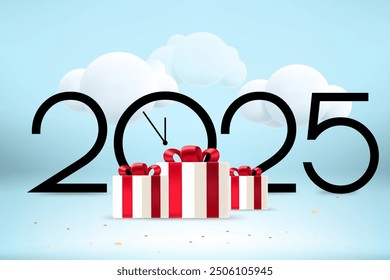 Happy new 2025 year greeting card. Composition with digits, clock pines and gift boxes. 3d vector 