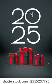 Happy new 2025 year greeting card. Composition with digits and gift boxes. 3d vector 