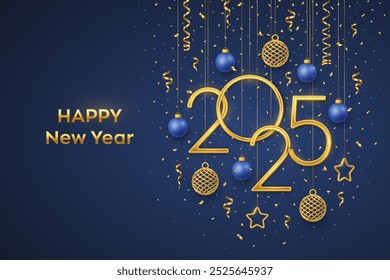 Happy New 2025 Year. Hanging Golden metallic numbers 2025 with shining 3D metallic stars, balls and confetti on blue background. New Year greeting card, banner template. Realistic Vector illustration.