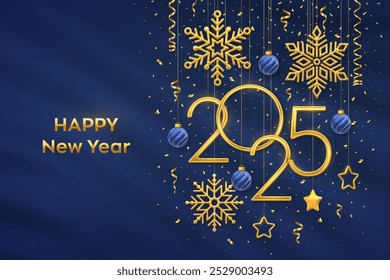 Happy New 2025 Year. Hanging Golden metallic numbers 2025 with shining snowflakes, 3D metallic stars, balls and confetti on blue background. New Year greeting card or banner template. Vector.