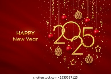 Happy New 2025 Year. Hanging Golden metallic numbers 2025 with shining 3D metallic stars, balls and confetti on red background. New Year greeting card, banner template. Realistic Vector illustration.