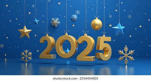 Happy New 2025 Year. Hanging Golden metallic numbers 2025 with shining snowflakes, 3D metallic stars, balls and confetti on blue background. New Year greeting card or banner template. illustration Vec