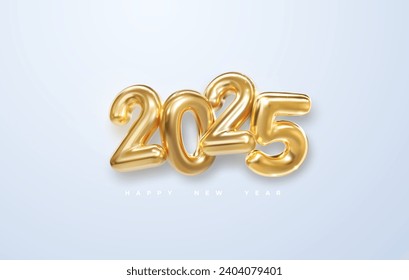 Happy New 2025 Year. Holiday vector illustration of golden metallic numbers 2025 isolated on white background. Realistic 3d sign. Festive poster or banner design