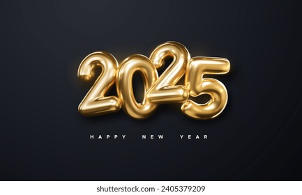 Happy New 2025 Year. Holiday vector illustration of golden metallic numbers 2025 isolated on black background. Realistic 3d sign. Festive poster or banner design