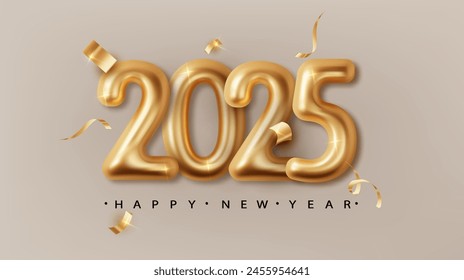 Happy New 2025 Year. Holiday background with golden metallic 3d numbers 2025. Realistic festive poster or banner design