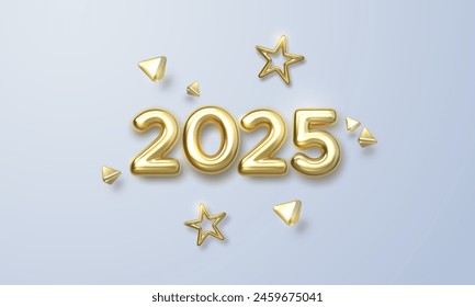 Happy New 2025 Year. Holiday vector illustration of golden metallic numbers 2025 and ornamental shapes. Realistic 3d sign. Festive poster or banner design