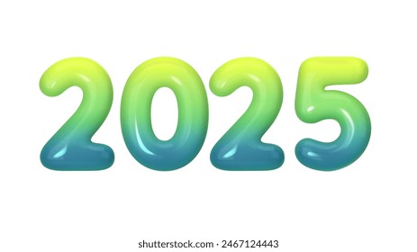 Happy New 2025 Year. Holiday illustration of gradient of green-blue numbers isolated on white background. Vector