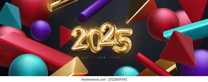 Happy New 2025 Year. Holiday vector illustration of golden numbers 2025 and abstract geometric 3d shapes. Festive poster or banner design. NYE party invitation