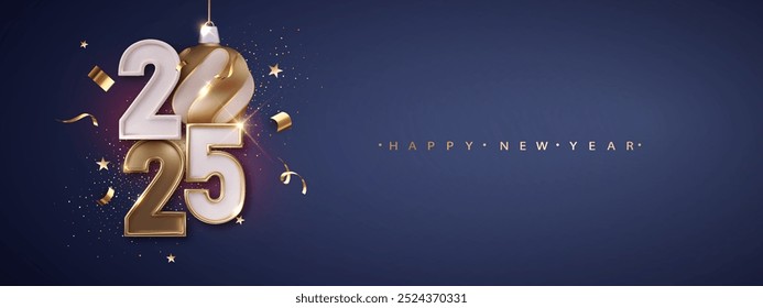 Happy New 2025 Year. Holiday vector illustration of golden metallic numbers 2025. Gold Numbers Design of greeting card of Falling Shiny Confetti.