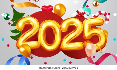 Feliz Nuevo Año 2025. Números de globos de Festiva 2025 con confeti. Cartel festivo o diseño de Anuncio. Ilustración vectorial