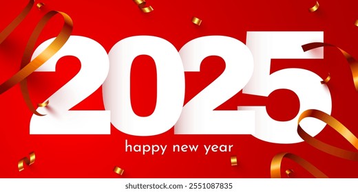 Happy New 2025 Year. Holiday numbers 2025 with confetti. Festive poster or banner design. Vector illustration