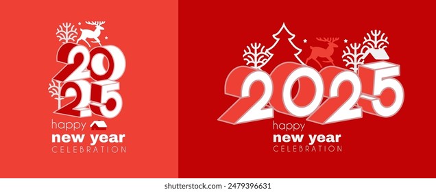 Happy New 2025 Year logo celebration and card template. Minimal design. 2025 text for header and calendar