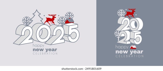 Happy New 2025 Year logo celebration and card template. Minimal design. 2025 text for header and calendar