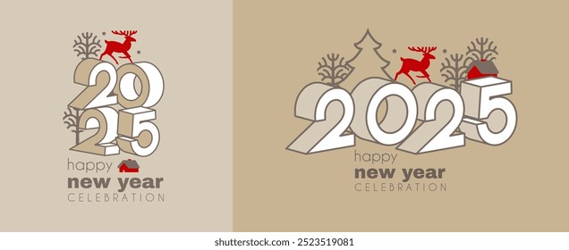 Feliz celebración del logotipo del Nuevo año 2025 y Plantilla de tarjetas. Diseño minimalista. Texto de 2025 para encabezado y calendario