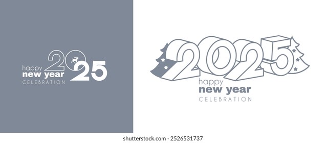 Feliz Ano Novo 2025 celebração de logotipo e modelo de cartão. Design mínimo. Texto de 2025 para cabeçalho e calendário