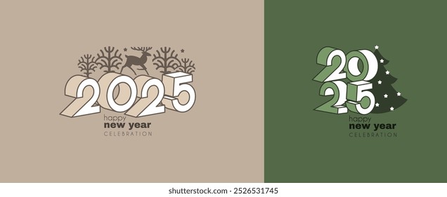 Happy New 2025 Year logo celebration and card template. Minimal design. 2025 text for header and calendar