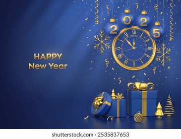 Feliz Nuevo Año 2025. Tarjeta de Feliz Navidad. Bolas de chuchería de Navidades azules con números de oro 2025, copos de nieve. Reloj con cuenta regresiva de números romanos a medianoche. Caja de regalo, pino dorado para abetos. Vector.