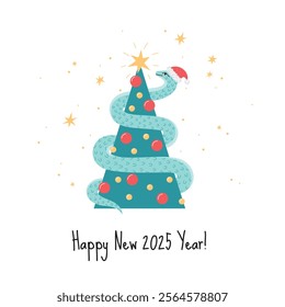 Happy New 2025 Year postcard with a snake in Santa Claus hat coiling a Christmas tree. 2025 New Year symbol. Chinese lunar new year symbol. Vector illustration