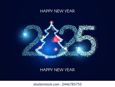 Happy New 2025 Year poster template with fir tree and bokeh light effects. New Year number. Calendar design