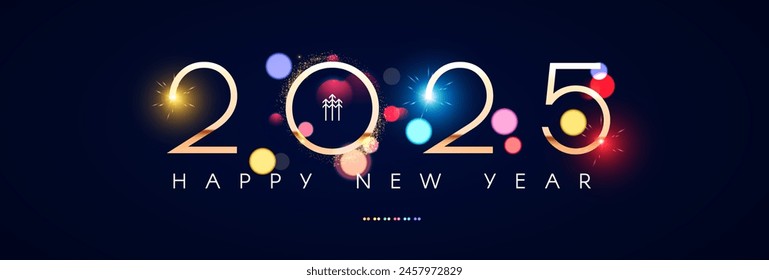 Happy New 2025 Year poster template with bokeh light effects. New Year gold number. Calendar design.