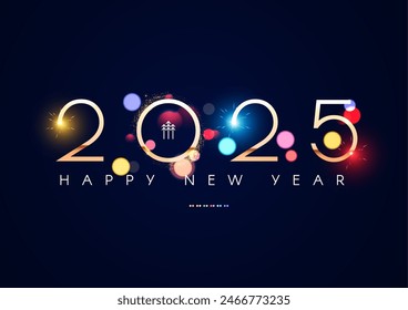 Happy New 2025 Year poster template with bokeh light effects. New Year gold number. Calendar design.