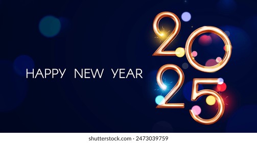 Happy New 2025 Year poster template with bokeh light effects. New Year gold number. Calendar design