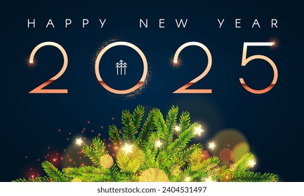 Happy New 2025 Year shining design template with fir tree branches and light effect. Christmas background