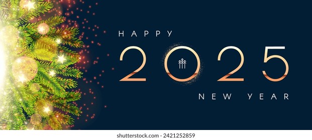 Happy New 2025 Year shining design template with fir tree branches and light effect. Christmas background