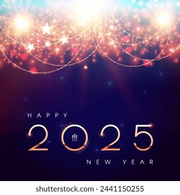 Happy New 2025 Year shining design template with light garlands and light effect Christmas background.
