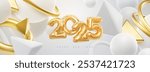 Happy New 2025 Year. Vector holiday illustration. 2025 golden foil balloons and flowing 3d geometric shapes on white background. Gold helium balloon numbers. Festive poster or banner design