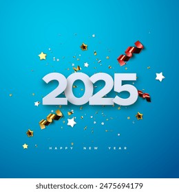 Happy New 2025 Year. Vector holiday illustration of 2025 paper numbers with sparkling confetti particles, golden stars and streamers. Festive event banner. Decoration for poster or cover design