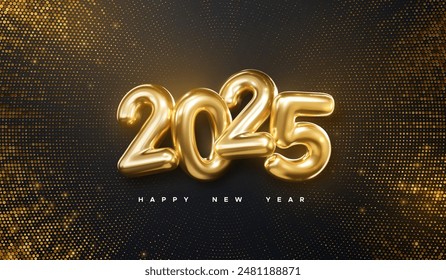 Happy New 2025 Year. Vector holiday illustration. Golden numbers on black background with shimmering glitters. Festive event banner template. Modern poster or cover design