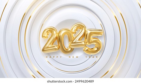Happy New 2025 Year. Vector holiday illustration of golden numbers 2025. White and gold radial shapes background. 3d new year sign. Festive poster or banner design. Party invitation