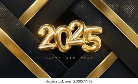 Happy New 2025 Year. Vector holiday illustration of golden numbers 2025 on black geometric background textured with gold ribbons and glitters