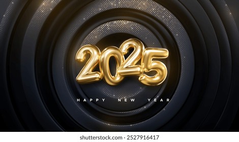 Happy New 2025 Year. Vector holiday illustration of golden numbers 2025 on black radial background textured with gold shiny glitters