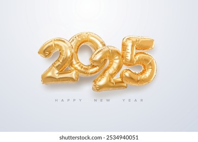 Happy New 2025 Year. Vector holiday illustration. 2025 golden foil balloons on white background. Gold helium balloon numbers. . Realistic 3d sign. Design element for festive poster or banner design