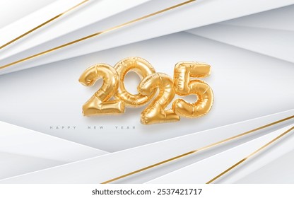 Happy New 2025 Year. Vector holiday illustration. 2025 golden foil balloons on paper white background. Gold balloon numbers. . Realistic 3d sign. Design element for festive poster or banner design