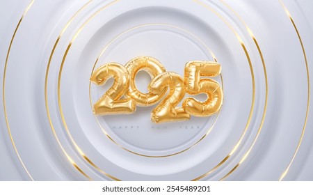 Happy New 2025 Year. Vector holiday illustration. 2025 golden foil balloons on white background. Gold balloon numbers. . Realistic 3d sign. Design element for festive poster or banner design