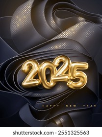 Happy New 2025 Year. Vector holiday illustration. Golden number 2025. Wavy black ribbons background with shimmering glitter patterns. Festive banner. Decoration for poster or cover design