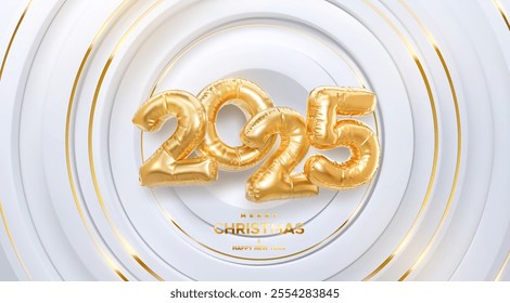 Happy New 2025 Year. Vector holiday illustration. 2025 golden foil balloons on white background. Gold balloon numbers. . Realistic 3d sign. Design element for festive poster or banner design