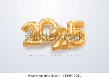 Happy New 2025 Year. Vector holiday illustration. 2025 golden foil balloons on white background. Gold helium balloon numbers. . Realistic 3d sign. Design element for festive poster or banner design