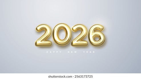 Happy New 2026 Year. Holiday vector illustration of golden metallic numbers 2026. Realistic 3d sign. Festive poster or banner design