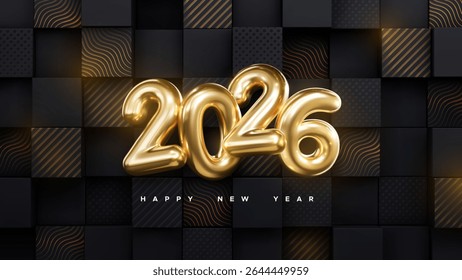 Happy New 2026 Year. Holiday vector illustration of golden metallic numbers 2026 on geometric black background. Realistic 3d sign. Festive poster or banner design