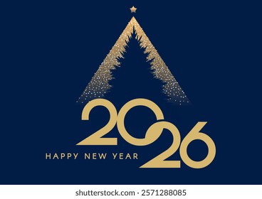 Happy New 2026 Year minimal text design with fir tree isolated on blue. Banner, poster, header and card template