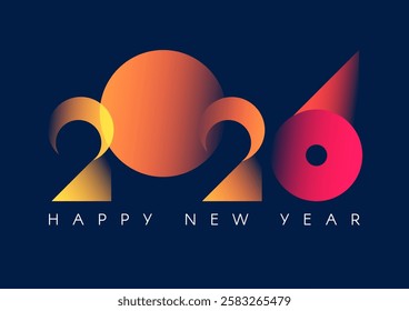 Happy New 2026 Year minimal text design with colorful gradient light isolated on blue. Banner, poster, header and card template.