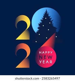 Happy New 2026 Year minimal text design with colorful gradient light and fir tree isolated on blue. Banner, poster, header and card template.