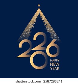 Happy New 2026 Year minimal text design with fir tree isolated on blue. Banner, poster, header and card template.